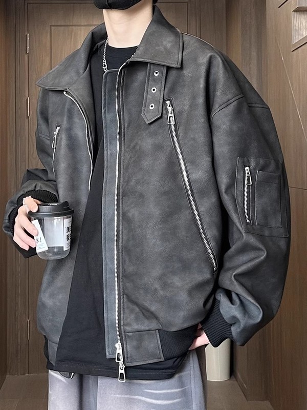 美式复古夹克男做旧色春秋拉链装饰PU皮衣情侣外套男高级感上衣|undefined