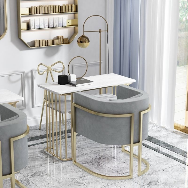 Nordic-style iron art double-layer faux marble wood nail table and chair set, trendy sofa chair, special price for two-person nail table