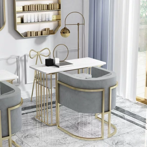 Nordic-style iron art double-layer faux marble wood nail table and chair set, trendy sofa chair, special price for two-person nail table