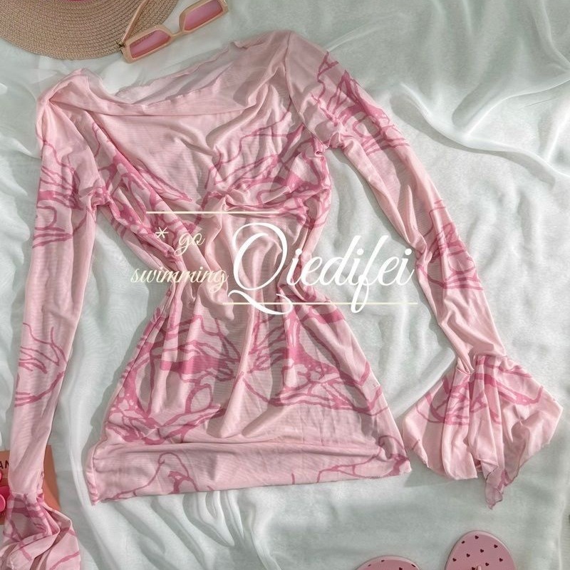 "Sweet Girl" Beach Vacation ins Bikini Pink Small Chest Push-up Blouse Sun Protection and Meat Covering Swimsuit Women