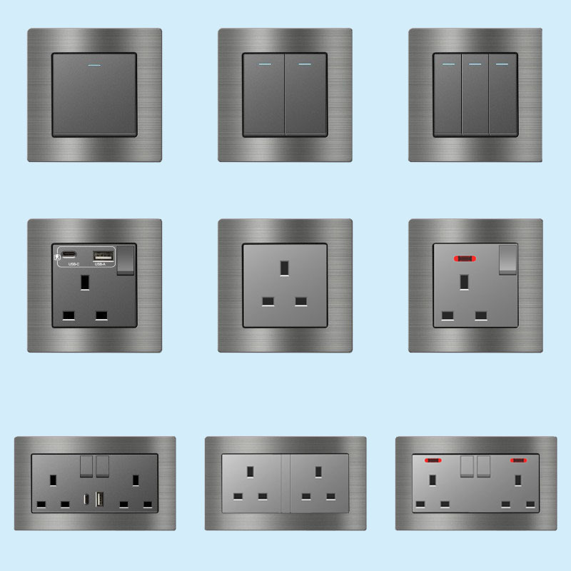 13A British Electric Socket USB Fast Charging type-c British Standard Square Foot Grey Metal Aluminum Wire-drawing Panel Hong Kong and Macao Edition