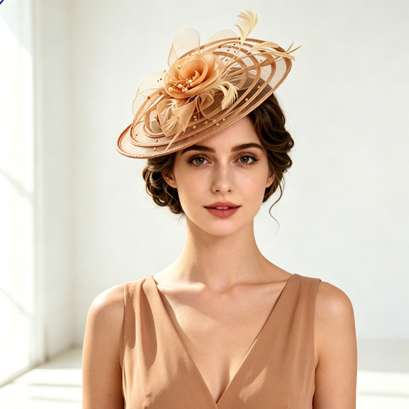 Cross-border mesh flower and feather headpiece, European and American style bridal hat, bridal party headpiece, vintage banquet accessory, in-stock wholesale from manufacturer