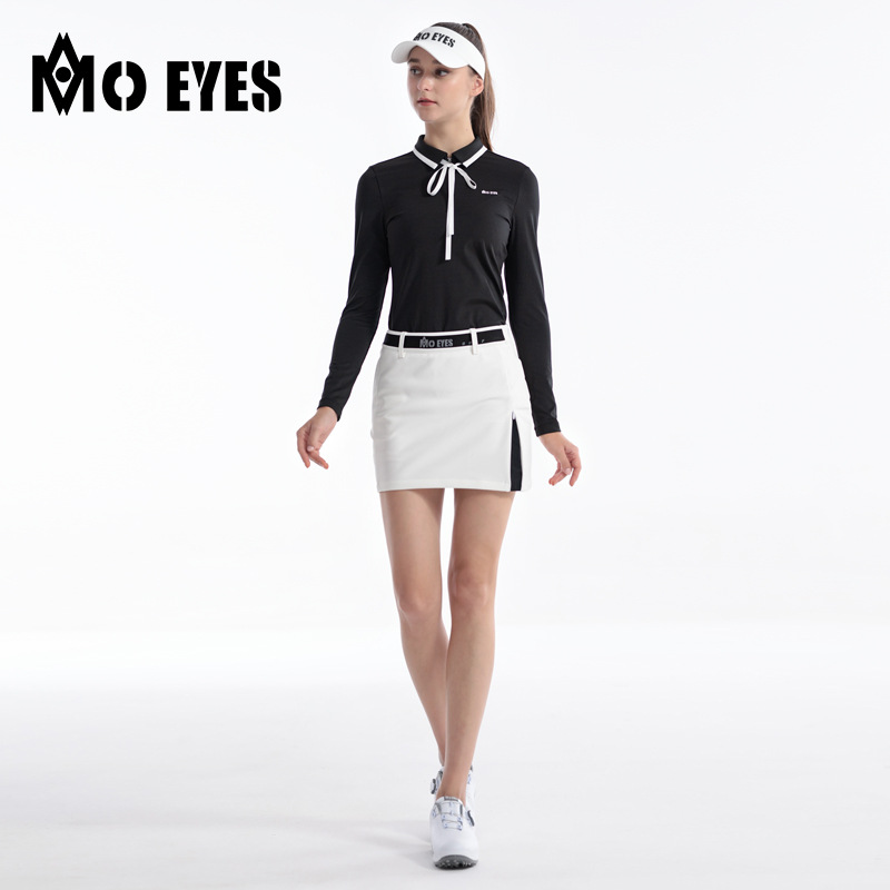 Áo golf nữ dài tay thắt nơ MO EYES vải co giãn thể thao thu đông — M23YF023-Trắng [phối với khăn lụa], M23YF023-Đen [với khăn lụa], M23YF019-Áo màu đen, M23YF019-Áo màu trắng