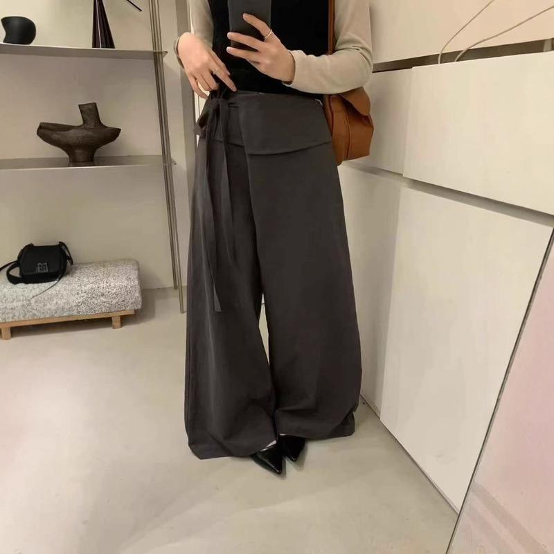韩系高级感系带屁帘阔腿裤女2025秋季宽松高腰垂感休闲直筒拖地裤|undefined