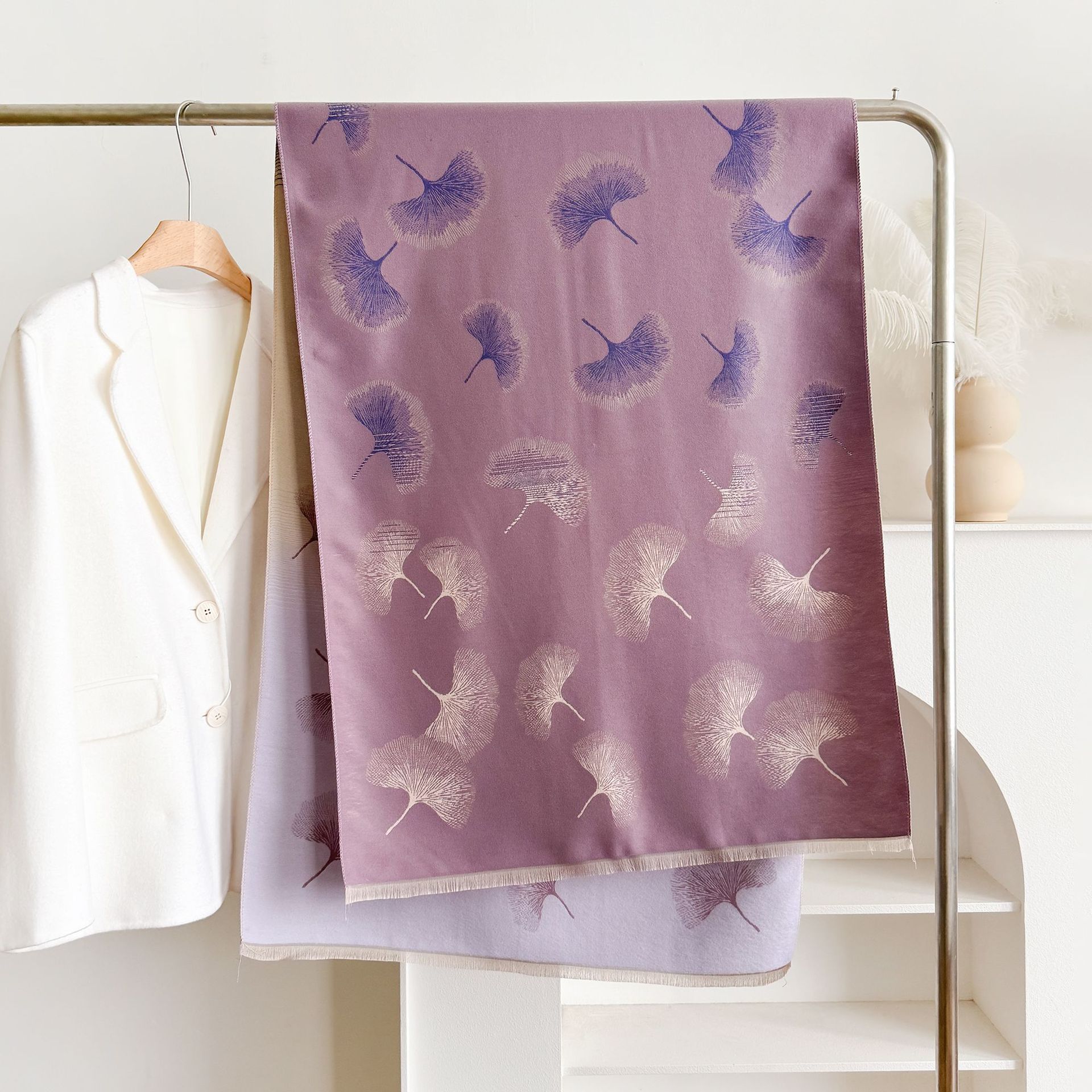 Nueva impresión de ginkgo biloba bufandas calientes de cachemir de doble cara 2024 moda de invierno con capa de chal gruesa