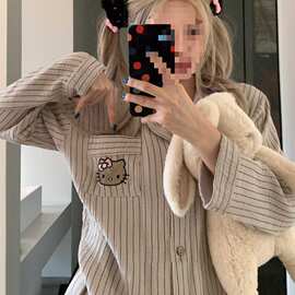 甜美棕条KT猫睡衣女春秋j季ins风可爱少女长袖长裤外穿家居服套装