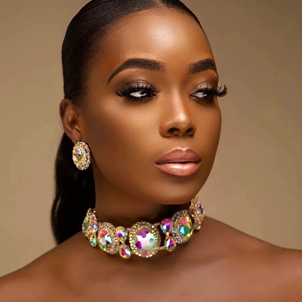 Европейский и американский горячий круглый набор ювелирных изделий преувеличенный страз ожерелье простой серьги аксессуары Jewelry Set