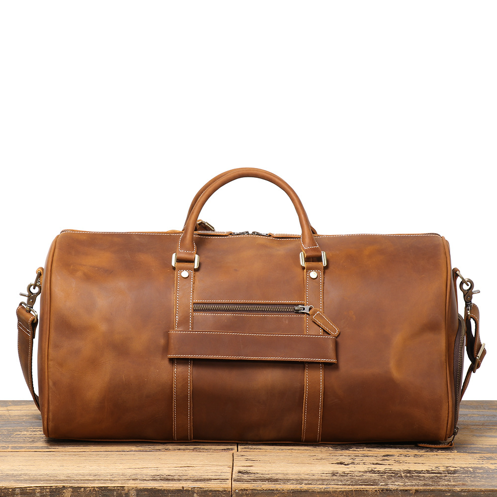 外贸复古头层牛皮旅行包疯马皮多功能穿拉杆箱行李袋带鞋位健身包
