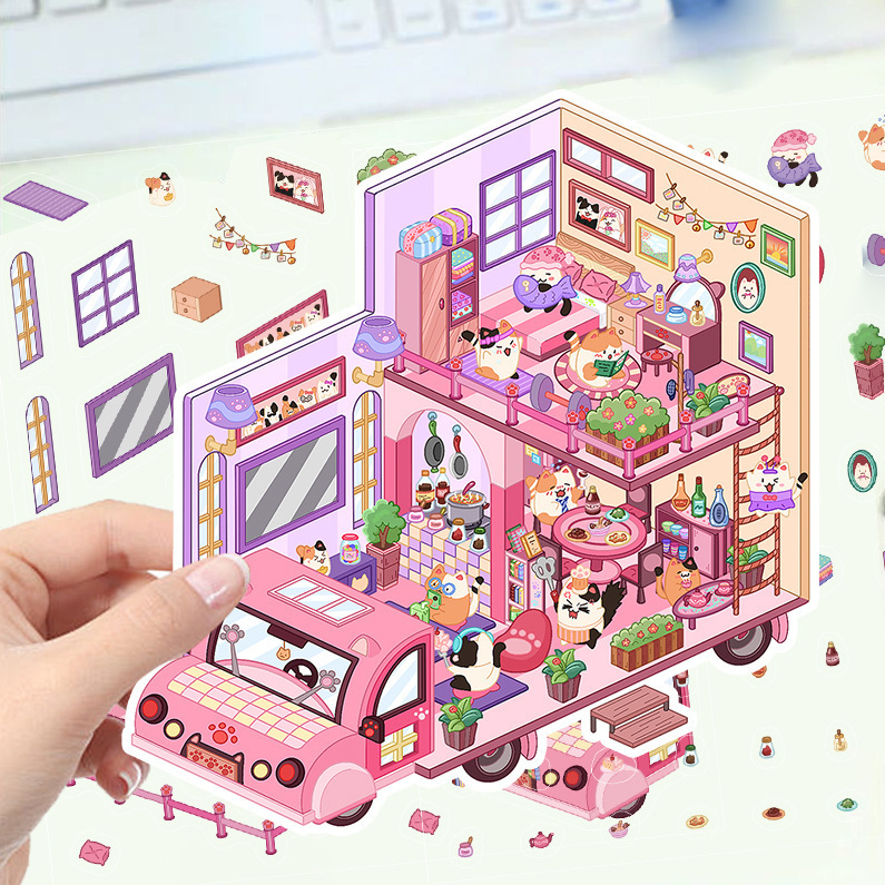 漫画造園ステッカー、さまざまなミニチュア世界 3D キャビン、リトルレッドブック減圧 DIY シーンハンドブックステッカー卸売 PET|undefined