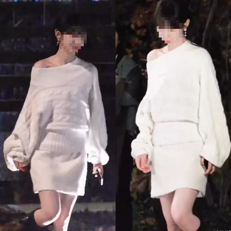 现货速发天才女友田曦薇同款一字领斜肩灯笼袖针织衫毛衣宽松上衣