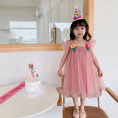Stunning 3D Floral Mesh Dress for Girls, 2023 Summer Collection—Puffed Sleeves, Fluffy Design, Perfect for Little Princesses