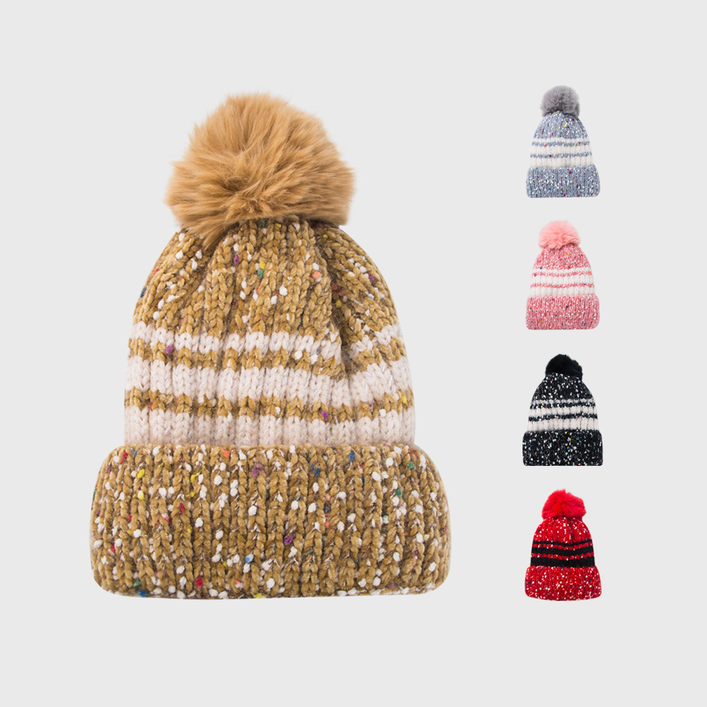 100g Weight Anniversary, Outdoor, Travel, Birthday, Festival, Sports, Shopping Occasion Stripe Pattern Unisex Gender Basic Style Light Blue, Pink, Red, Yellow, Black Color One Size Size Fashion Thick Velvet Hat Warm Fur Ball Caps Cute Knitted Woolen Hat 无