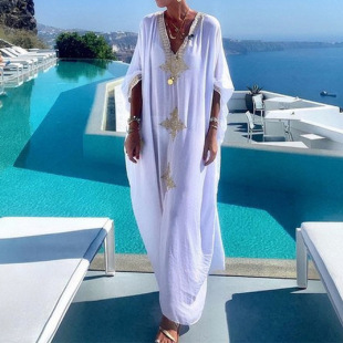 Amazon Cross-Border European and American Foreign Trade Summer Rayon Gold Embroidered Robe Vacation Comfortable Loose Beach Cover-Up