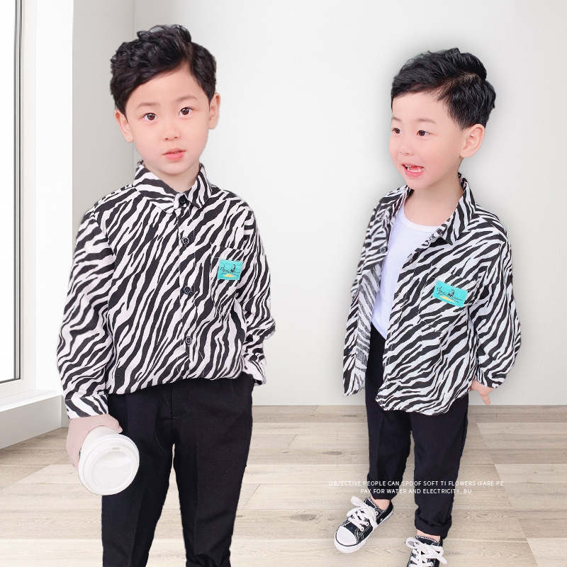 2021春秋季中小童襯衫新款韓版男女兒童斑ma紋長袖壹件代發潮帥