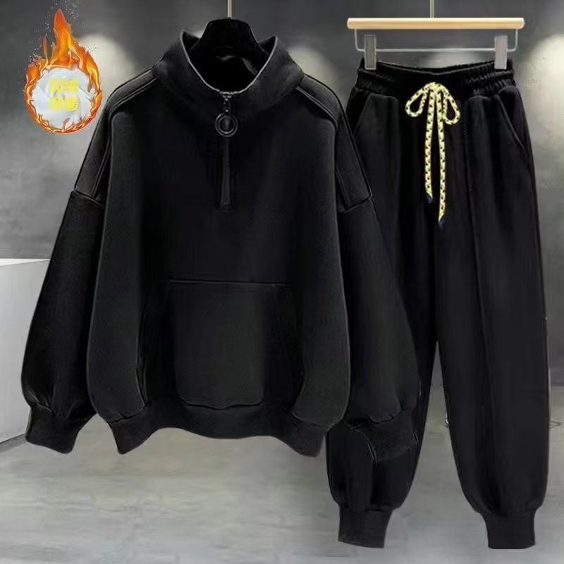 Half Turtleneck Zipper Sweatshirt Plus Velvet Suit Men's Autumn and Winter Long-Sleeved Trendy Versatile Handsome Casual Sports Two-Piece Set