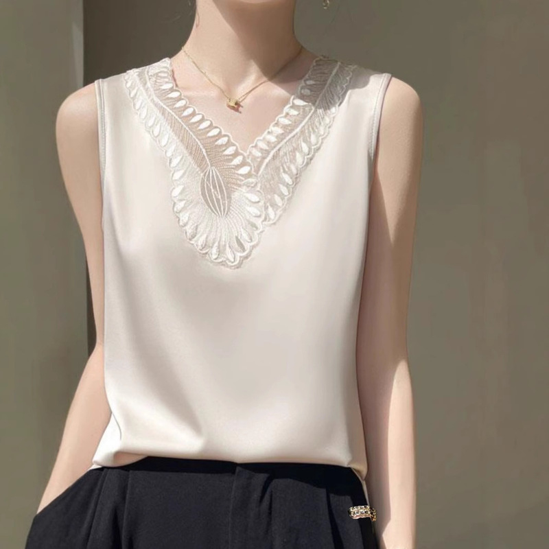Summer Silk Camisole Women's Outer Wear Acetate Satin Sleeveless Bottoming Shirt Loose Lace Splicing Suit Inner Wear