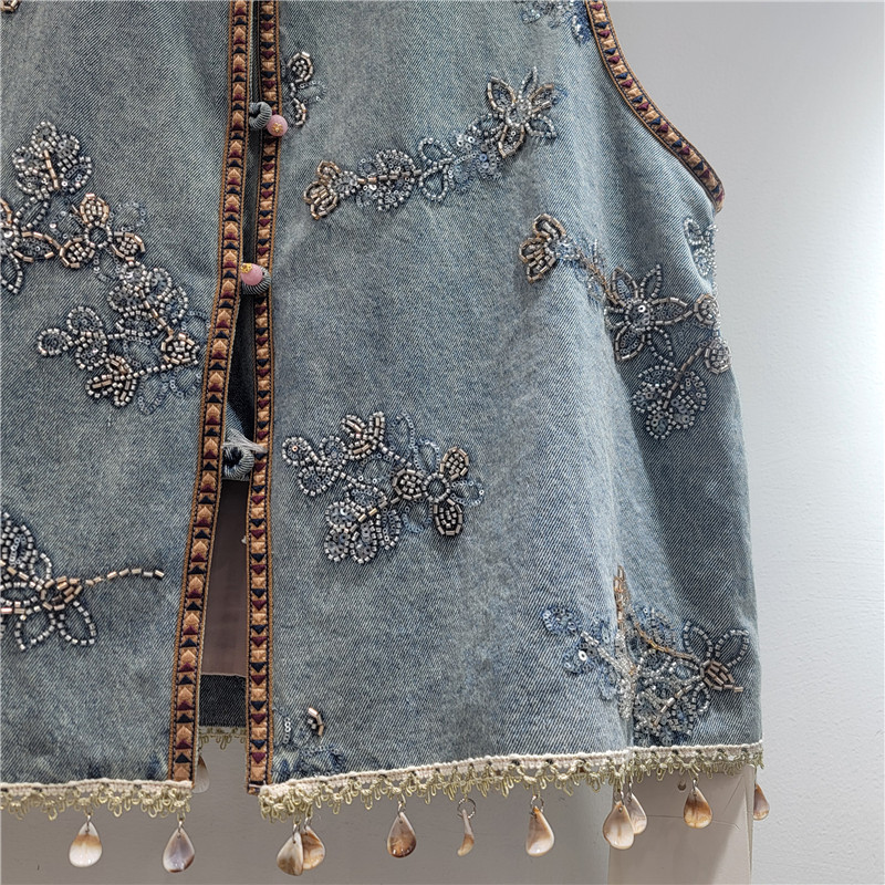 Diseño bordado flores chaleco de vaquero de mujer universal bordado sin mangas hombro clip primavera nueva moda simple