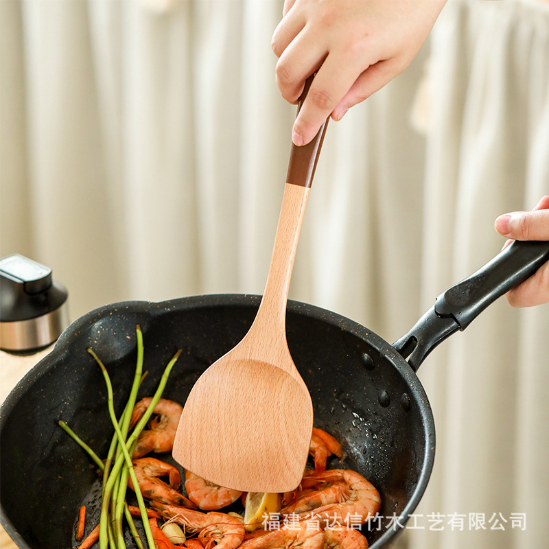 Mango de madera de haya pintado conjunto de cocina antiadherente olla de madera pala de frita de mango largo pala de madera pala de sopa de sopa