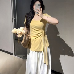 プラスサイズのレディースUネックレースアップウエストショルダー半袖Tシャツ夏ファットmmジャイアントスリムスリット超見栄えの良いトップ