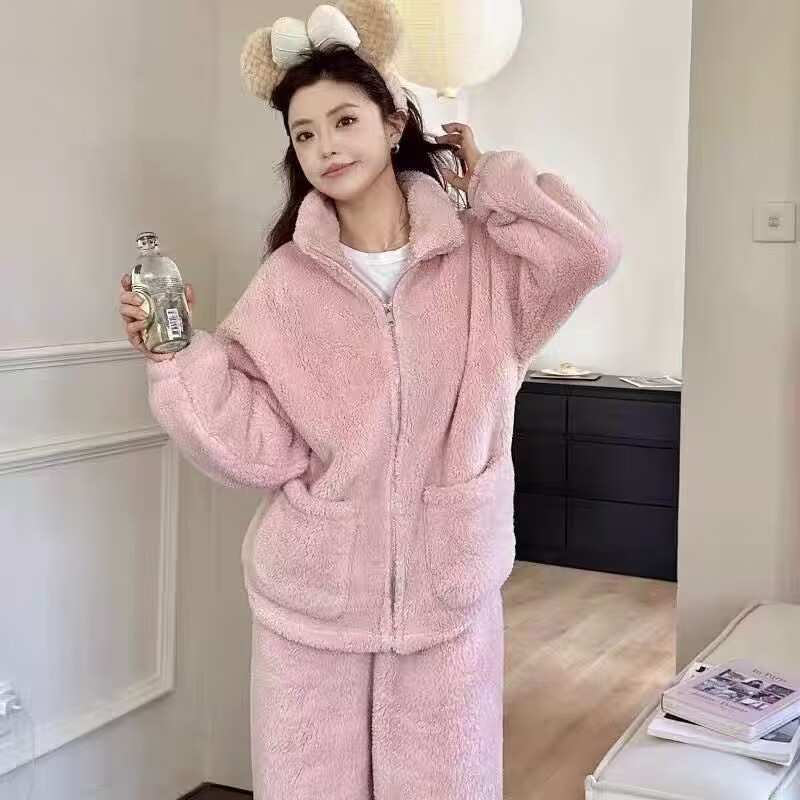 珊瑚绒大码睡衣女士加绒加厚立领拉链法兰绒暖暖套装秋冬外穿家居|undefined