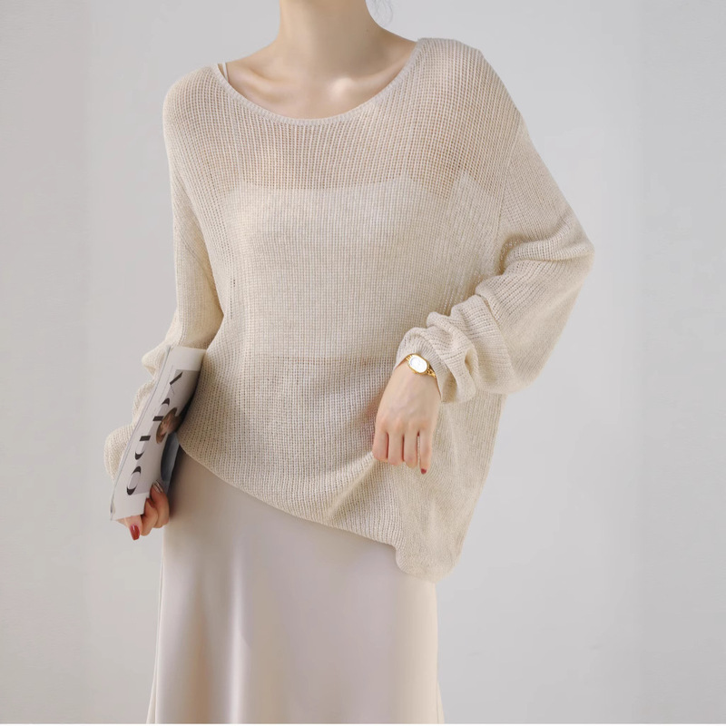 Summer Aesthetic Tencel Linen Knitted Hollow Blouse, Lazy and Loose One-Line Round Neck Long-Sleeved Sun Protection Knitted Outerwear