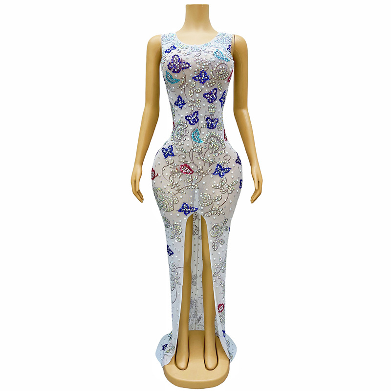 White Diamond High Split Butterfly Embroidery Elegant Atmosphere Evening Bar Nightclub Bounty Dance Ball Modern Dance