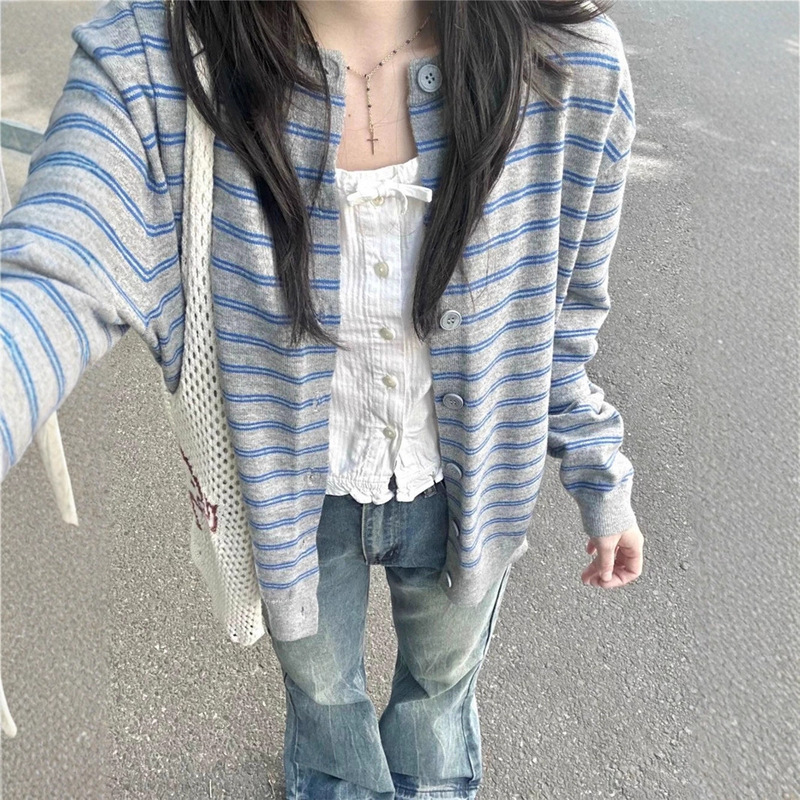 韩系复古条纹长袖针织开衫女春季新款慵懒风宽松休闲显瘦毛衣外套|undefined