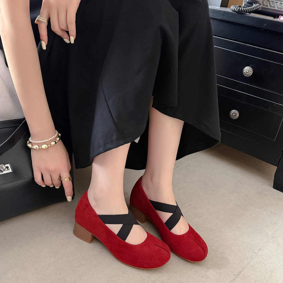 Giày Mary Jane nữ mũi vuông gót thô đế độn tăng chiều cao 7 cm quai chéo cổ nông — Màu kaki (đế độn 7cm), Màu nâu (tăng chiều cao 7CM bên trong), Đỏ (tăng chiều cao 7cm) chi tiết 1
