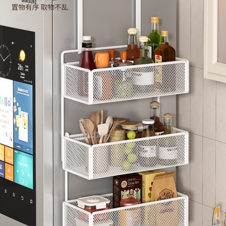 Estante de almacenamiento lateral de refrigerador Estante de almacenamiento lateral de cocina Botella de condimentos multicapa de perforación colgante de pared lateral Cesta de almacenamiento