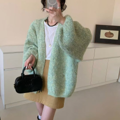高级感纯色百搭开衫毛衣女2025秋冬新款韩系宽松灯笼袖针织衫外套