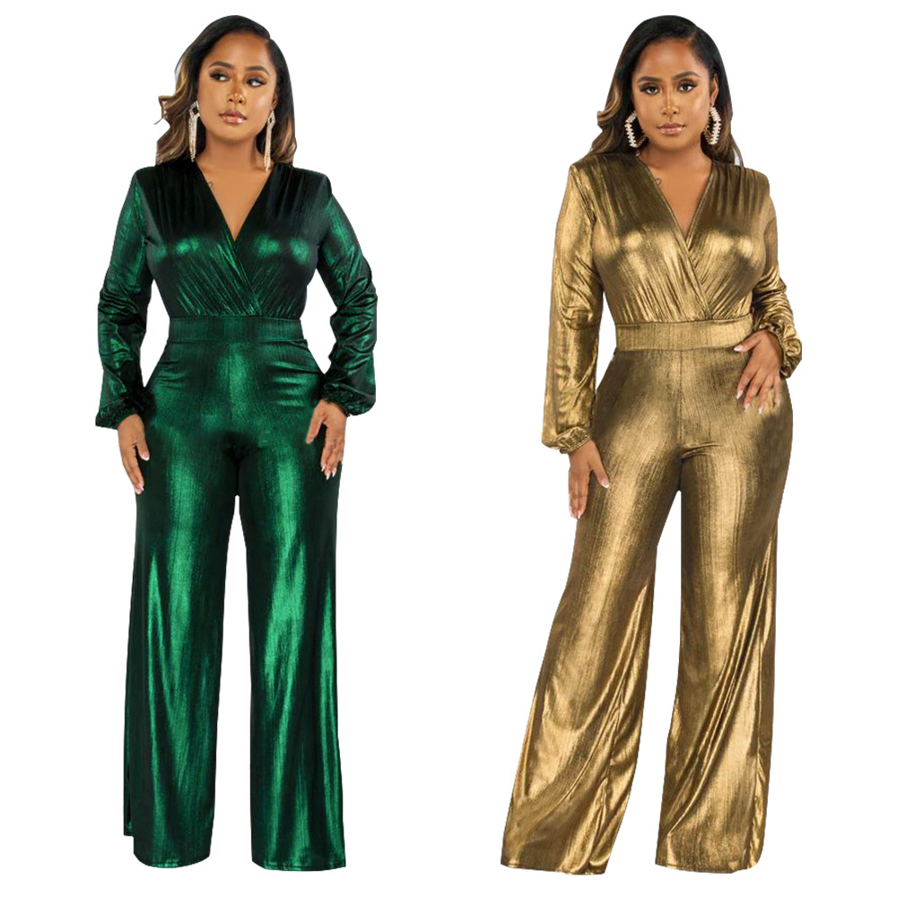 K10317 Ropa de mujer transfronteriza europea y americana, mono de moda sexy con mangas farol y estampado dorado, éxito de ventas en Amazon para otoño. image 3