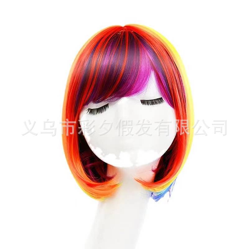 Peluca de Halloween mujer verano Arco Iris anime peluca onda colorida Pelo Corto pelo de Estudiante no convencional