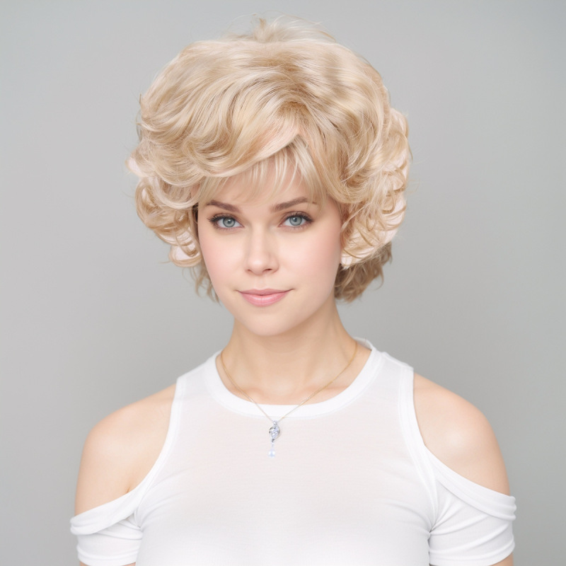 Marilyn Monroe wig fluffy ladies short curly hair golden European and American fashion rose net fake head cover factory outlet