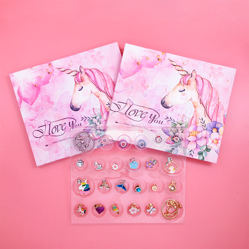 Unicornio ciego caja de 24 horas de cuenta atrás calendario caja diy colorido cristal navidad dibujos animados niños pulsera