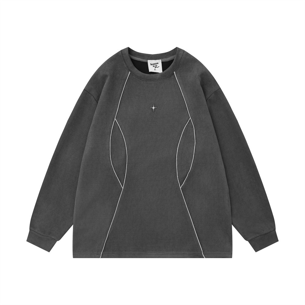 Vibe Trendy Loose Round Neck Sweatshirt Spring Autumn Men's Niche Design Line Split Patchwork Pullover_voghion.com