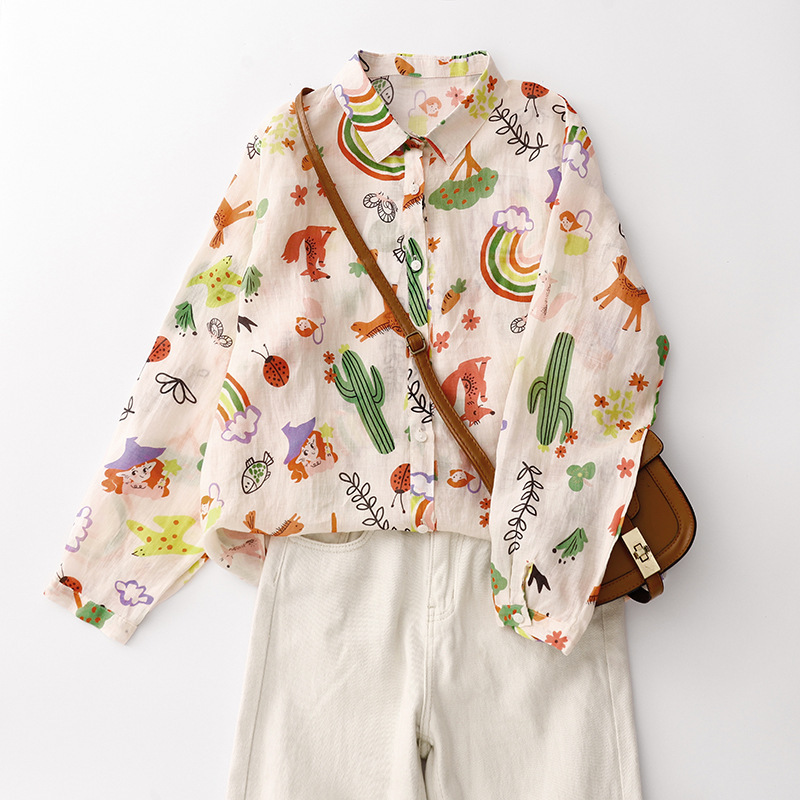 Autumn New Cartoon Rainbow Print Age-Reducing Long-Sleeved Shirt for Women High-Quality Loose and Versatile Thin Cardigan Shirt Autumn New Cartoon Rainbow Print Age-Reducing Long-Sleeved Shirt for Women High-Quality Loose and Versatile Thin Cardigan Shirt