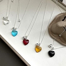 韩国ins博主同款清新小桃心个性抽拉银色项链水晶爱心彩色项链女