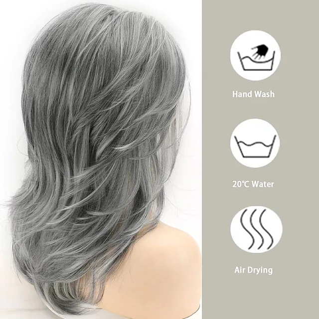 Peruca sintética para cabelo de comprimento médio feminino com gradiente de cor misturada ligeiramente enrolado cinza branco peruca sintética conjunto completo_voghion.com