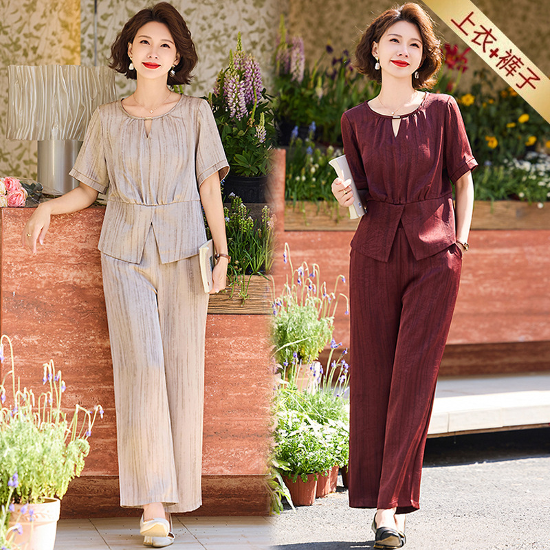 Entity wholesale mother summer fashion foreign style short sleeve two-piece 45-year-old middle-aged women's high quality T-shirt suit