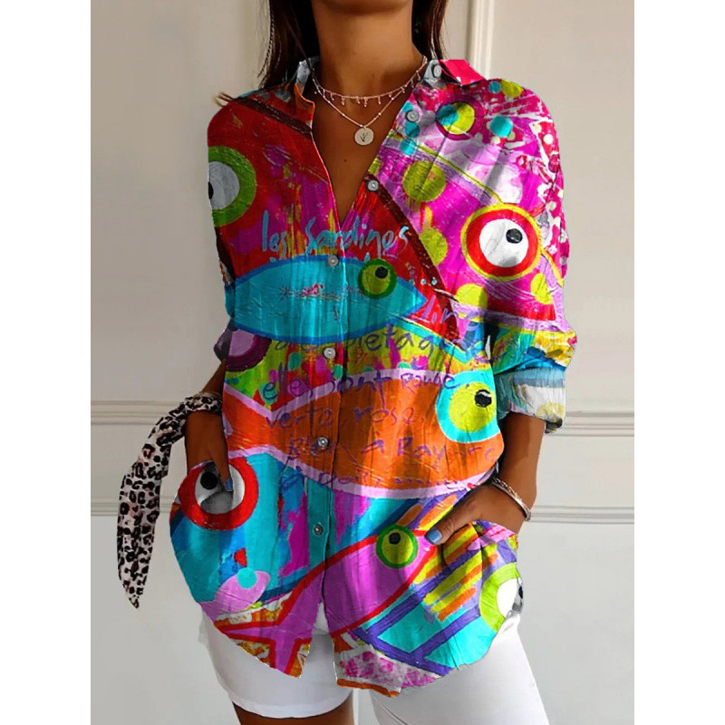 2025 New Women's Long Shirt Women's Summer European and American Trend Long Sleeve Shirt Flower Pattern Printed 3 Shirt