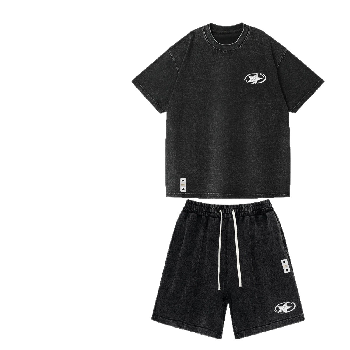 Ropa para hombre, unisex, 3D Surround Star, peso pesado, moderno, OOII, lavado, desgastado, algodón puro, manga corta, pantalones cortos, traje informal_voghion.com
