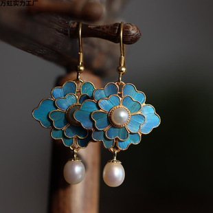 Authentic Cloisonné Imitation Emerald Earrings Pearl S925 Silver Gilt Pearl Retro Forbidden City Jewelry Ancient Chinese Style
