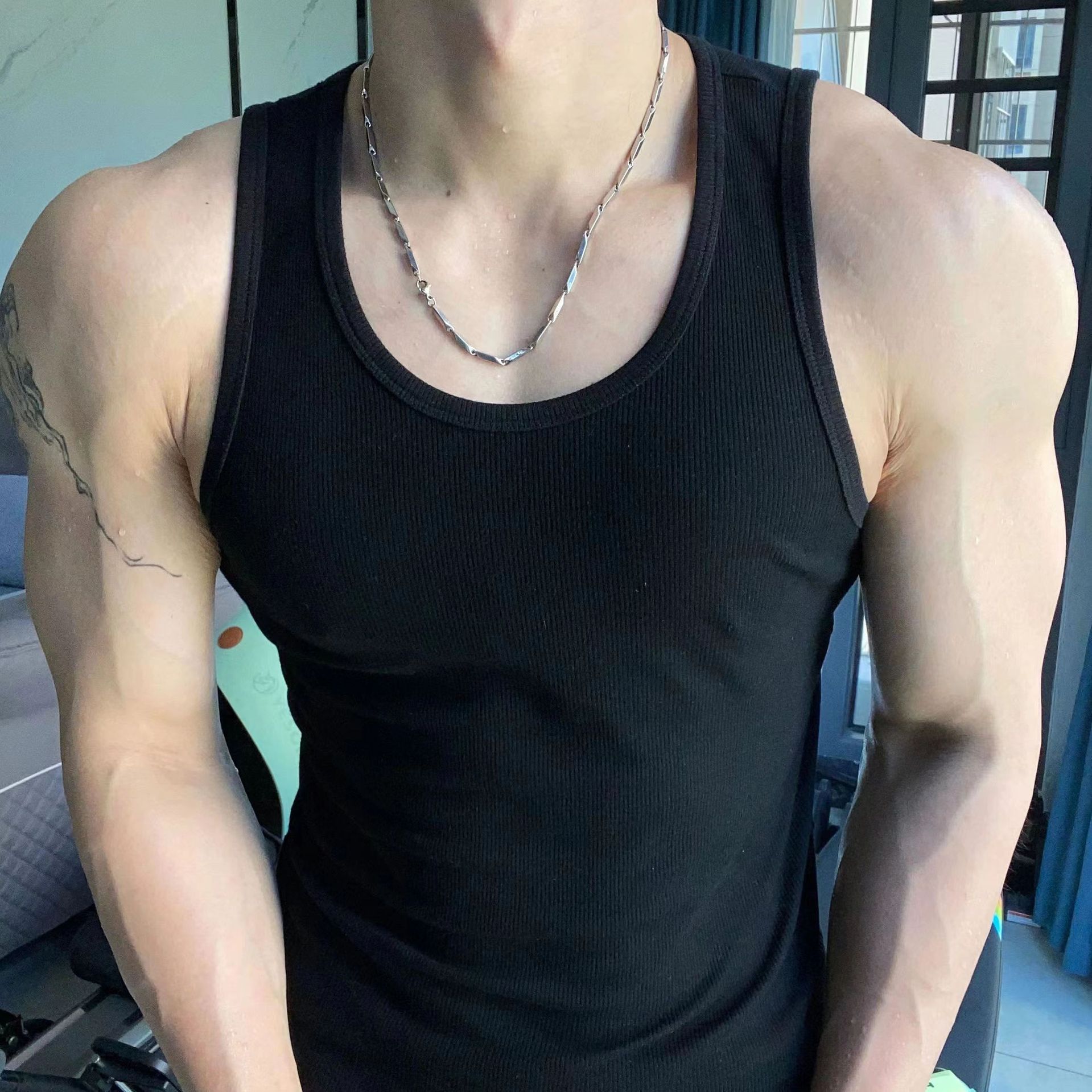 Hielo grueso hilo delgado elástico chaleco deportivo de fitness hombre cuello redondo tamaño grande entrenamiento muscular seco rápido transpirable
