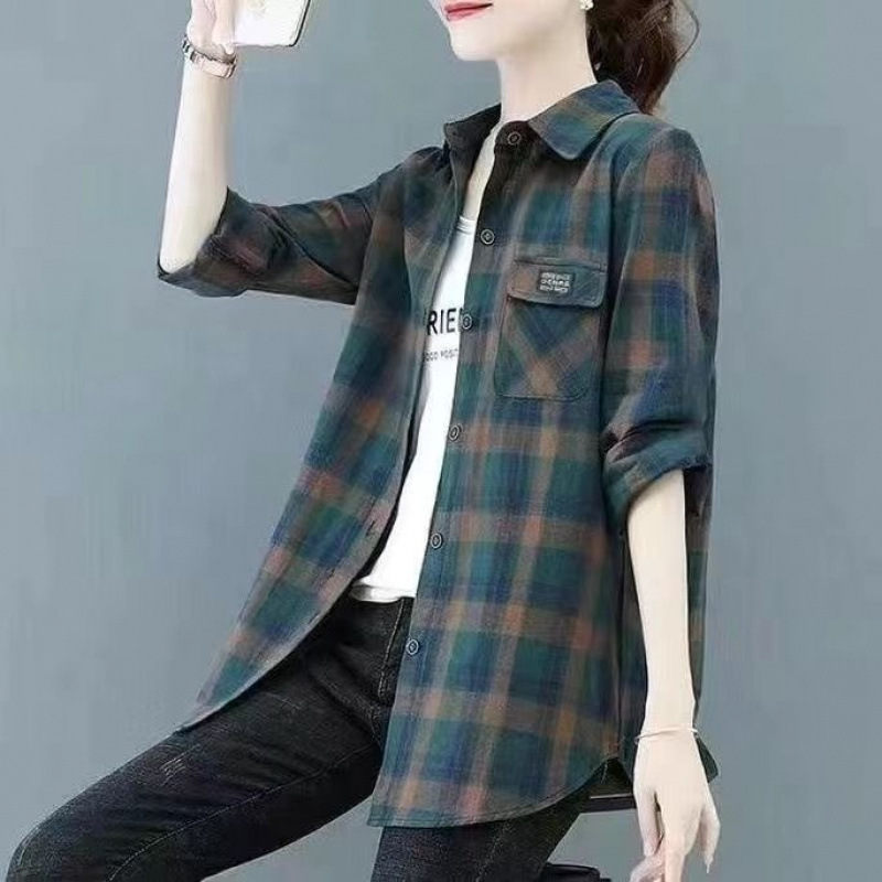 ママの綿シャツ、万能春秋長袖チェック柄シャツ、中年女性の薄手コート、レディースカーディガントップス|undefined