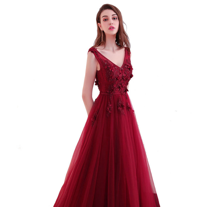 Comercio exterior europeo y americano Amazon AliExpress deseo nuevo cuello en V 3D flor con cuentas vino rojo vestido de noche vestido tostado