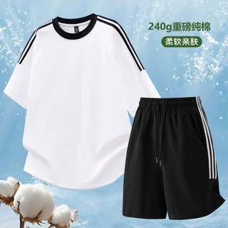 纯棉三条杠短袖短裤套装青少年宽松运动休闲两件套纯色体恤印logo