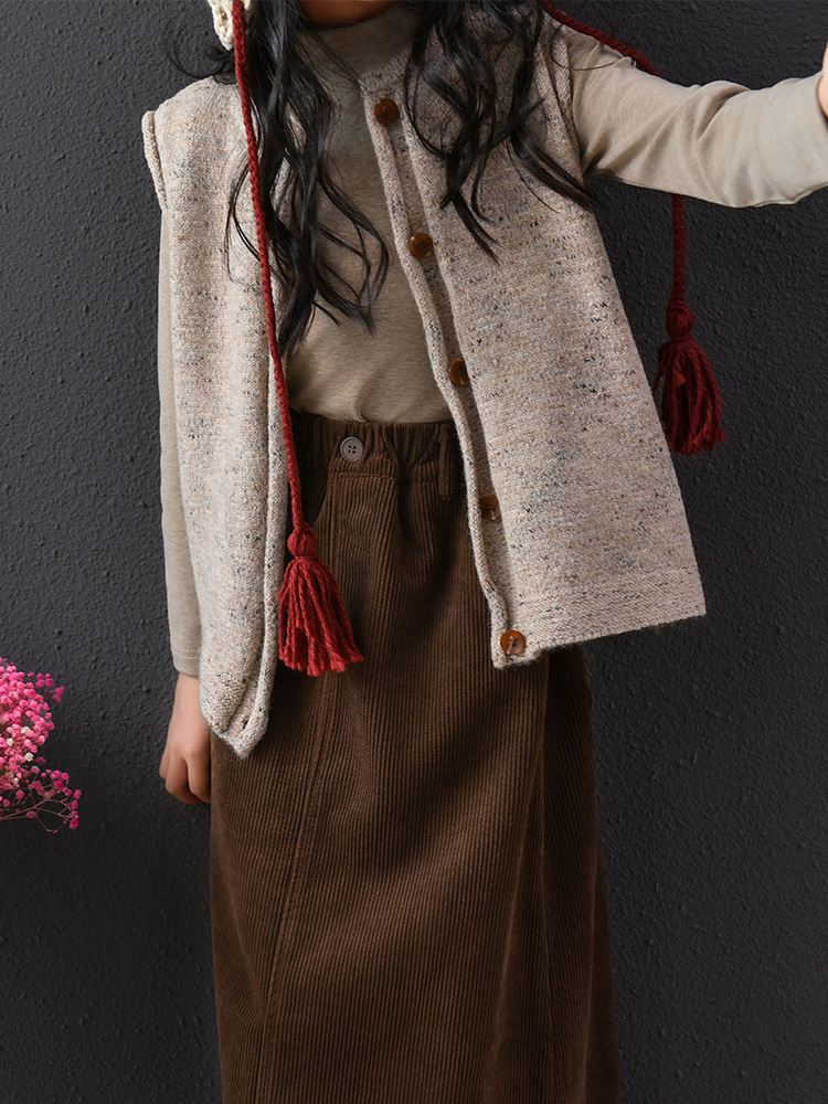 Falda de media longitud para niñas otoño e invierno para niños, falda cálida de pana de cintura alta retro para niños