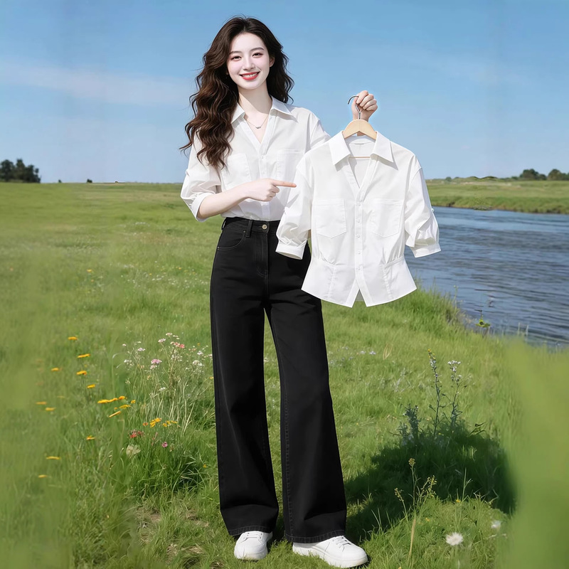 White slim-fit women's shirt with three-quarter sleeves, new summer style, puff sleeve blouse, high-end niche French-style commuter top White slim-fit women's shirt with three-quarter sleeves, new summer style, puff sleeve blouse, high-end niche French-style commuter top