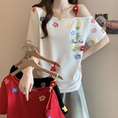 大码花朵刺绣印花露肩短袖t恤女夏季2025新款胖mm宽松时尚上衣女