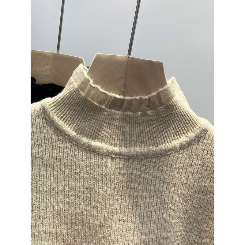 KANING medio cuello alto forrado de lana engrosada suéter mujeres Otoño e Invierno borde de encaje de una pieza de terciopelo de punto camisa de fondo